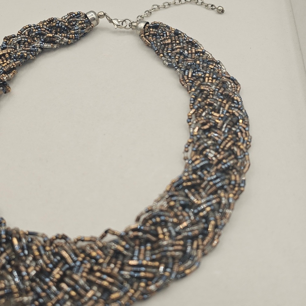 Braid Seed Bead Statement Necklace 21" Torsade Bronze Gold Tones Bib Boho Earthy - Picture 7 of 12